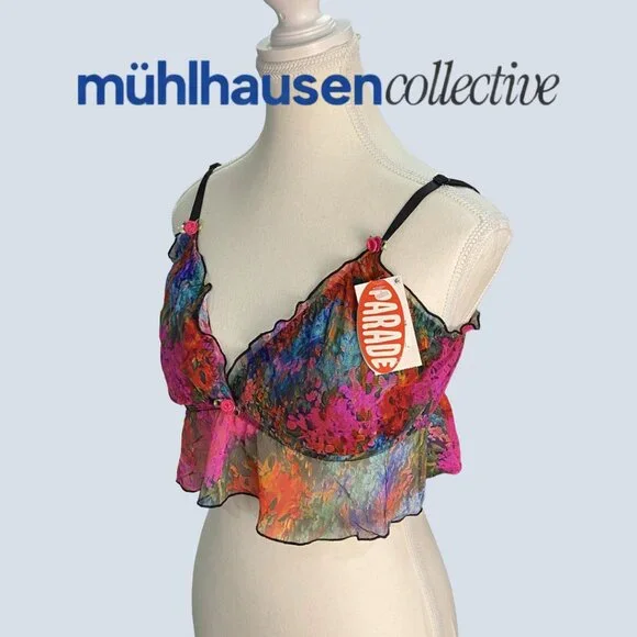 NWT Parade Sheer Mesh Bralette Top Multicolor Floral Ruffle 🌈 - Picture 3 of 5